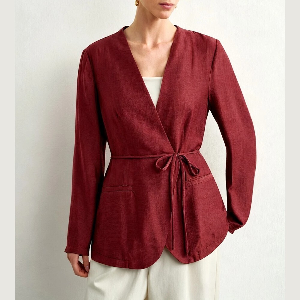 Burgundy Woven Belted Wrap Lightweight Blazer Jacket w/ Patch Pockets & V Neck